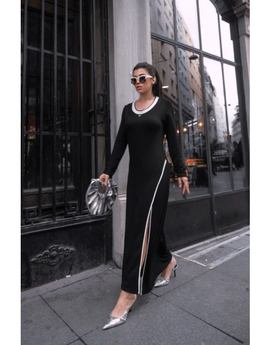 Kadın Uzun Kollu Yuvarlak Ribana Yaka Yırtmaçlı Uzun Viskon Iki Iplik Elbise