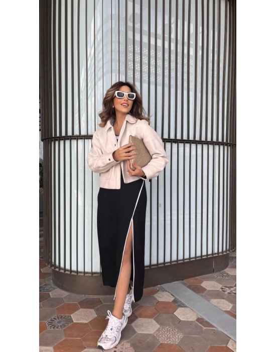 Kadın Uzun Kollu Yuvarlak Ribana Yaka Yırtmaçlı Uzun Viskon Iki Iplik Elbise