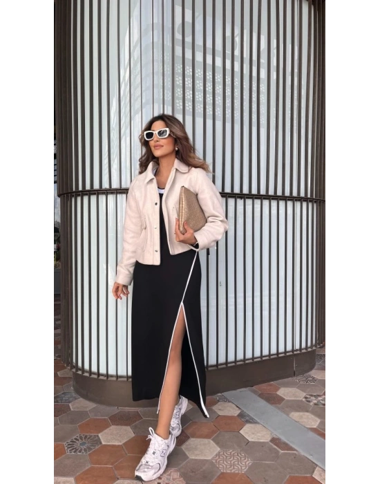 Kadın Uzun Kollu Yuvarlak Ribana Yaka Yırtmaçlı Uzun Viskon Iki Iplik Elbise