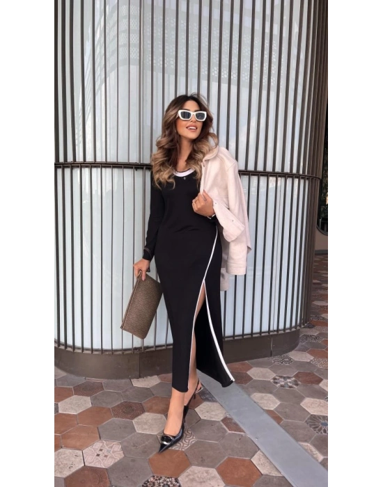 Kadın Uzun Kollu Yuvarlak Ribana Yaka Yırtmaçlı Uzun Viskon Iki Iplik Elbise