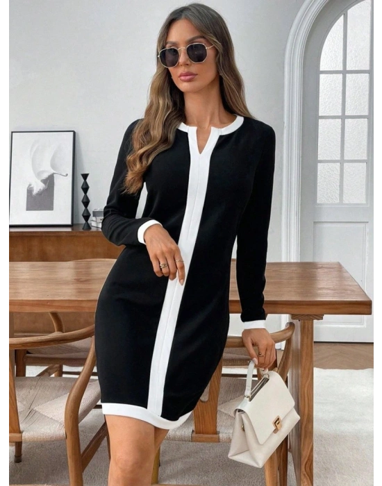 Kadın Uzun Kollu Yuvarlak V Yakalı şerit Detaylı Modal Mini Elbise