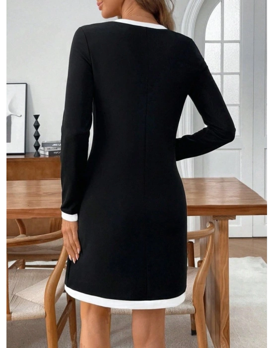 Kadın Uzun Kollu Yuvarlak V Yakalı şerit Detaylı Modal Mini Elbise
