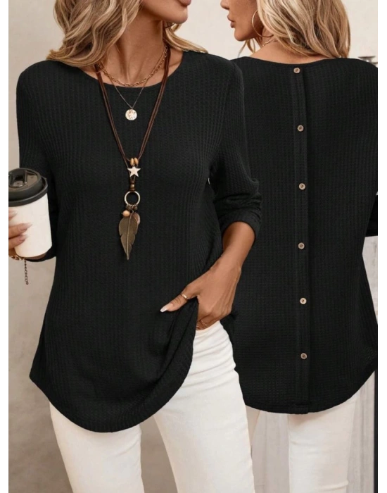 Kadın Uzun Kollu Yuvarlak Yaka Arkadan Düğmeli Waffle Bluz