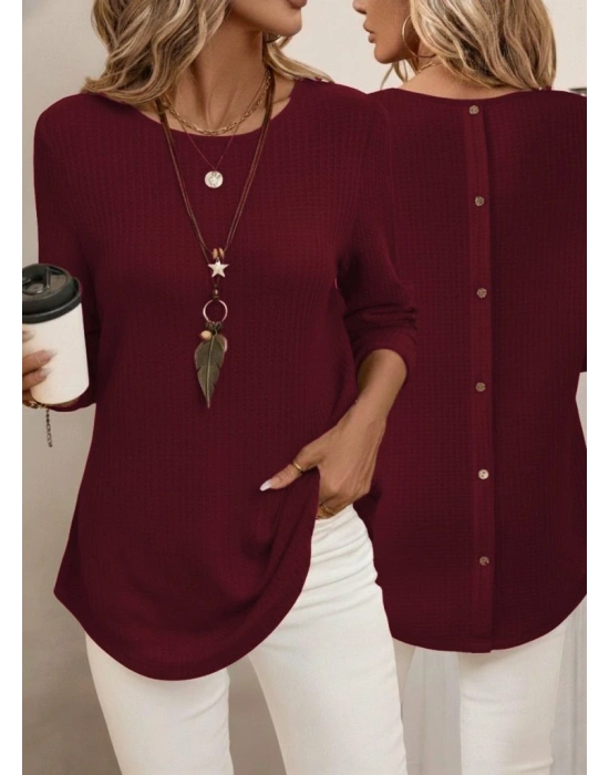 Kadın Uzun Kollu Yuvarlak Yaka Arkadan Düğmeli Waffle Bluz