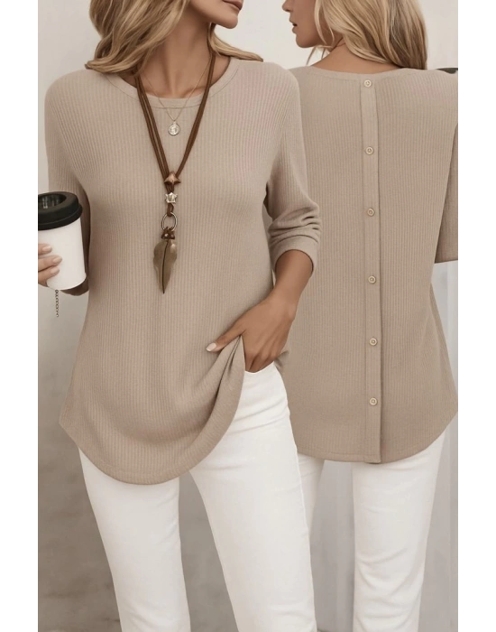 Kadın Uzun Kollu Yuvarlak Yaka Arkadan Düğmeli Waffle Bluz