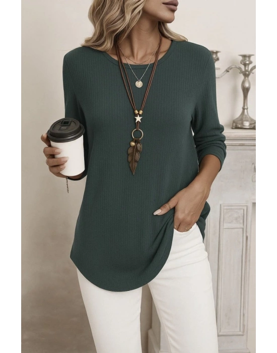 Kadın Uzun Kollu Yuvarlak Yaka Arkadan Düğmeli Waffle Bluz