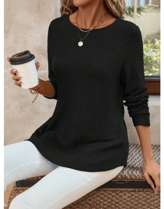 Kadın Uzun Kollu Yuvarlak Yaka Arkadan Düğmeli Waffle Bluz