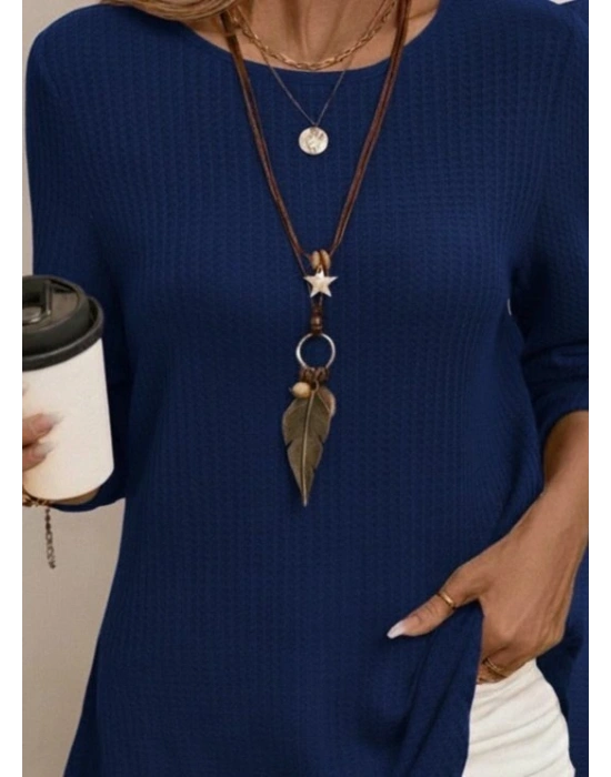 Kadın Uzun Kollu Yuvarlak Yaka Arkadan Düğmeli Waffle Bluz