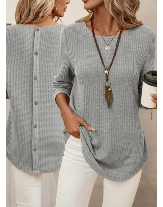 Kadın Uzun Kollu Yuvarlak Yaka Arkadan Düğmeli Waffle Bluz