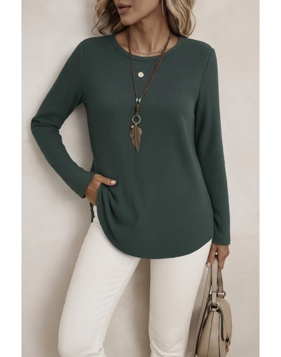 Kadın Uzun Kollu Yuvarlak Yaka Arkadan Düğmeli Waffle Bluz
