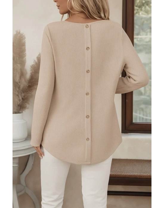 Kadın Uzun Kollu Yuvarlak Yaka Arkadan Düğmeli Waffle Bluz