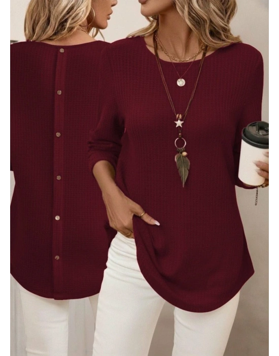Kadın Uzun Kollu Yuvarlak Yaka Arkadan Düğmeli Waffle Bluz