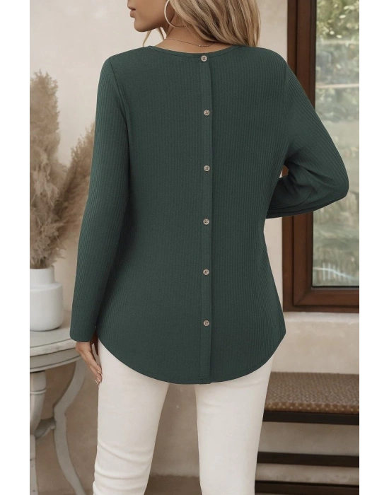 Kadın Uzun Kollu Yuvarlak Yaka Arkadan Düğmeli Waffle Bluz