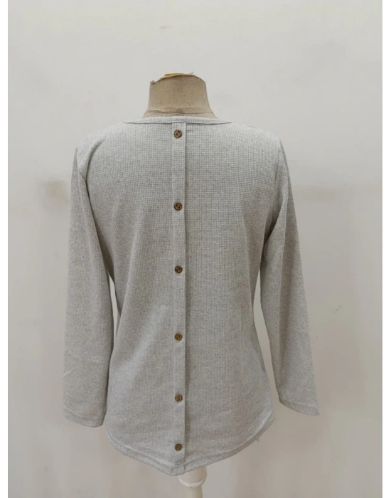 Kadın Uzun Kollu Yuvarlak Yaka Arkadan Düğmeli Waffle Bluz