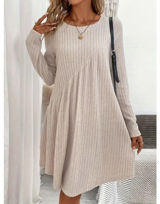 Kadın Uzun Kollu Yuvarlak Yaka Asimetrik Detaylı Kiloş şardonlu Kaşkorse Elbise