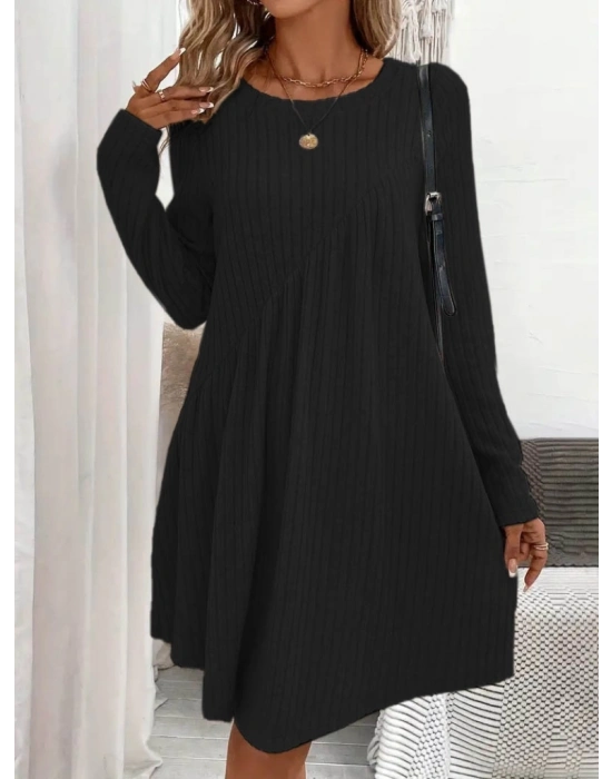 Kadın Uzun Kollu Yuvarlak Yaka Asimetrik Detaylı Kiloş şardonlu Kaşkorse Elbise