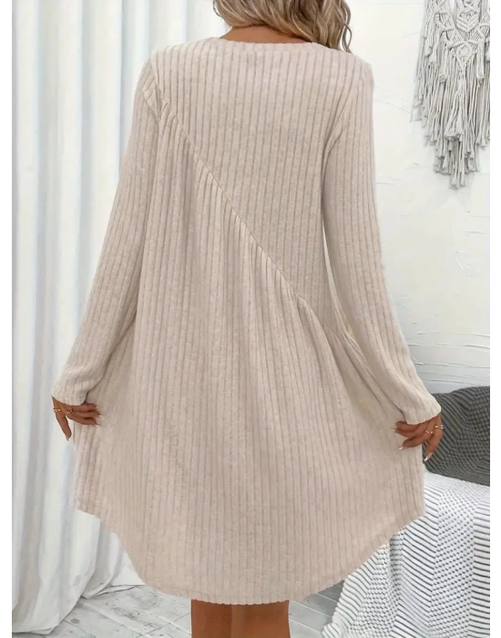 Kadın Uzun Kollu Yuvarlak Yaka Asimetrik Detaylı Kiloş şardonlu Kaşkorse Elbise