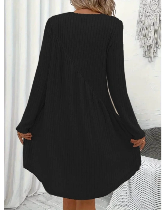 Kadın Uzun Kollu Yuvarlak Yaka Asimetrik Detaylı Kiloş şardonlu Kaşkorse Elbise