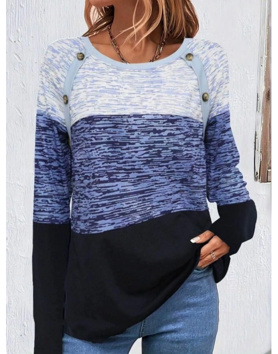 Kadın Uzun Kollu Yuvarlak Yaka Baskılı Düğme Detay Süprem Bluz