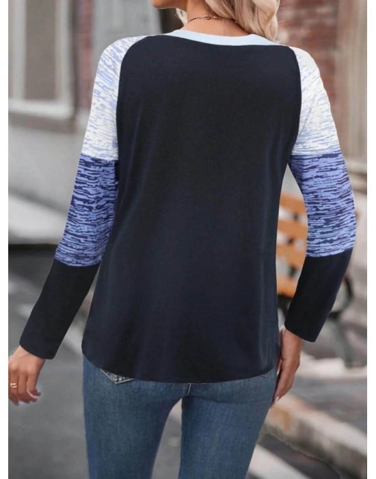 Kadın Uzun Kollu Yuvarlak Yaka Baskılı Düğme Detay Süprem Bluz