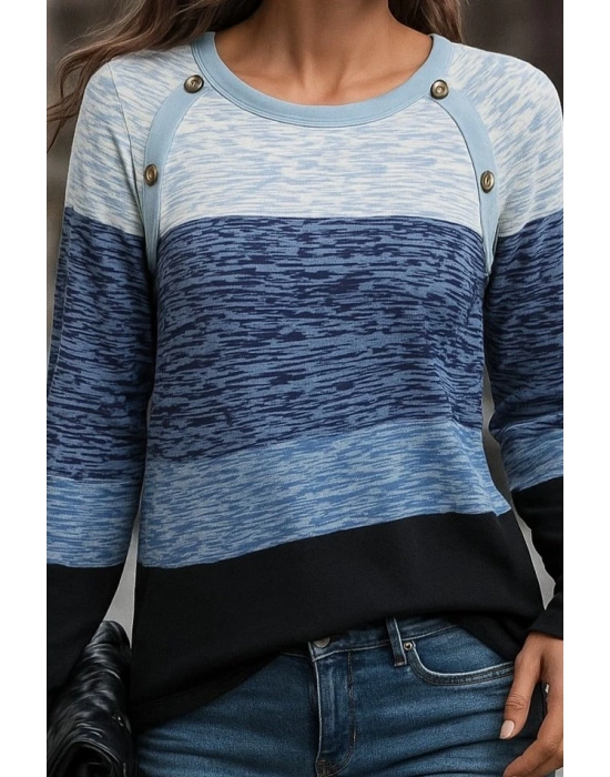 Kadın Uzun Kollu Yuvarlak Yaka Baskılı Düğme Detay Süprem Bluz