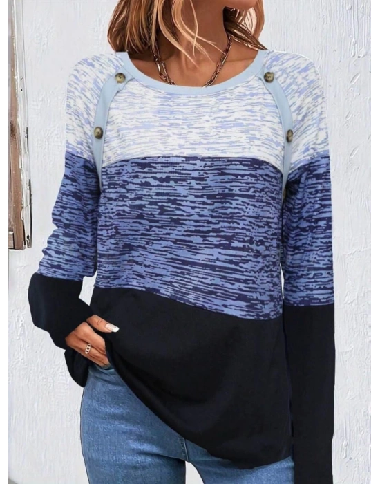 Kadın Uzun Kollu Yuvarlak Yaka Baskılı Düğme Detay Süprem Bluz