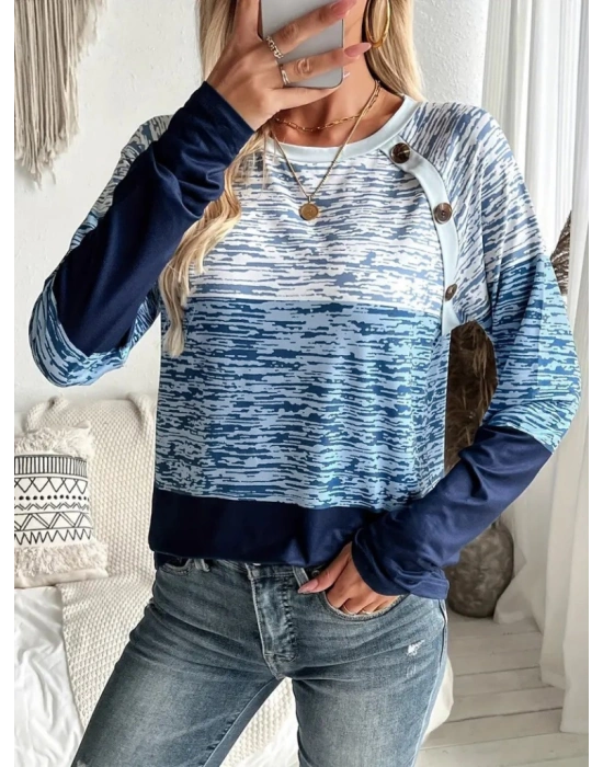 Kadın Uzun Kollu Yuvarlak Yaka Baskılı Düğme Detay Süprem Bluz