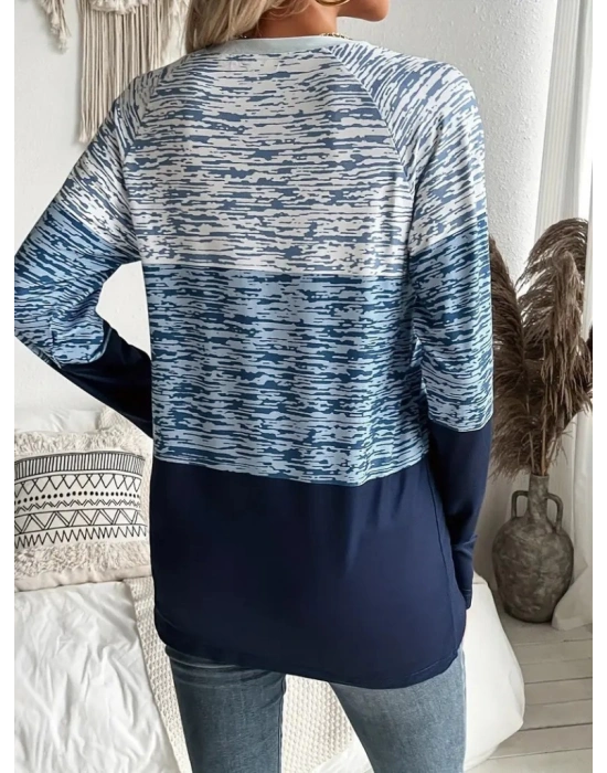 Kadın Uzun Kollu Yuvarlak Yaka Baskılı Düğme Detay Süprem Bluz