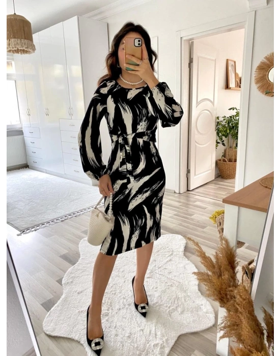 Kadın Uzun Kollu Yuvarlak Yaka Belden Kuşaklı Hazır Desenli Midi Krep Elbise