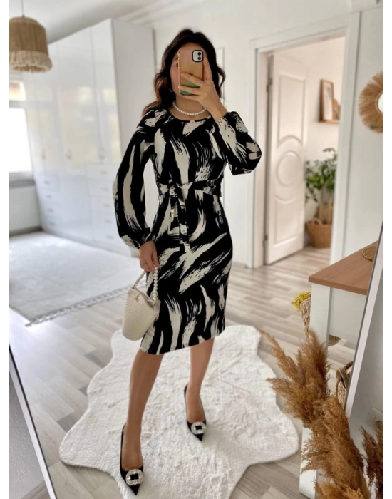 Kadın Uzun Kollu Yuvarlak Yaka Belden Kuşaklı Hazır Desenli Midi Krep Elbise