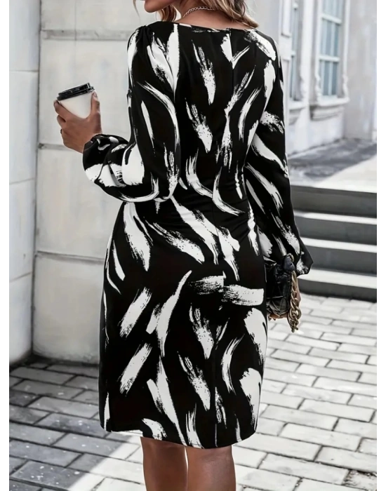 Kadın Uzun Kollu Yuvarlak Yaka Belden Kuşaklı Hazır Desenli Midi Krep Elbise