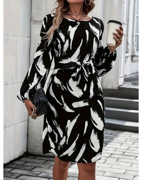 Kadın Uzun Kollu Yuvarlak Yaka Belden Kuşaklı Hazır Desenli Midi Krep Elbise