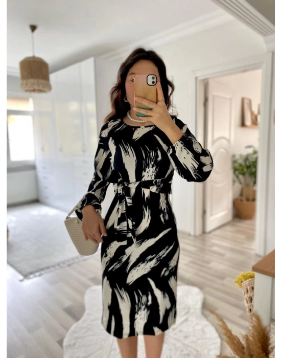 Kadın Uzun Kollu Yuvarlak Yaka Belden Kuşaklı Hazır Desenli Midi Krep Elbise