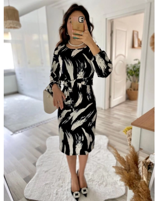 Kadın Uzun Kollu Yuvarlak Yaka Belden Kuşaklı Hazır Desenli Midi Krep Elbise