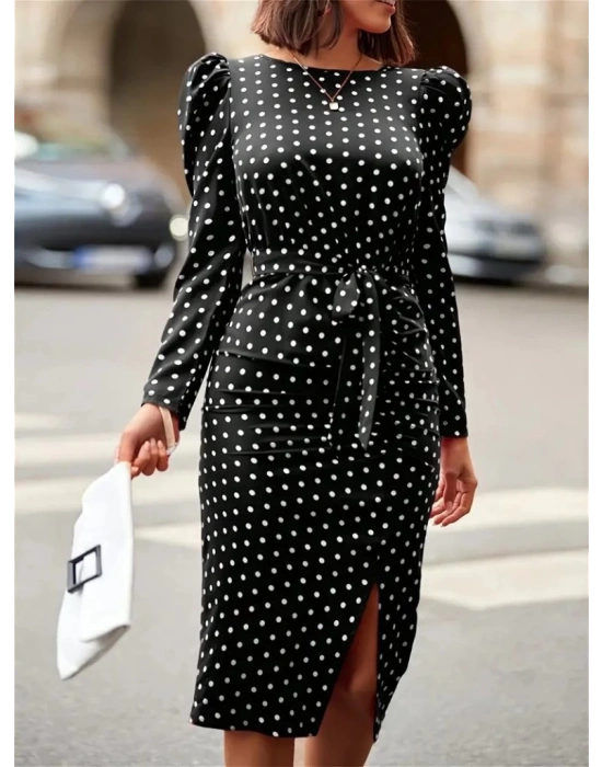 Kadın Uzun Kollu Yuvarlak Yaka Belden Kuşaklı önden Yırtmaçlı örme Krep Elbise