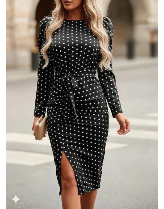 Kadın Uzun Kollu Yuvarlak Yaka Belden Kuşaklı önden Yırtmaçlı örme Krep Elbise