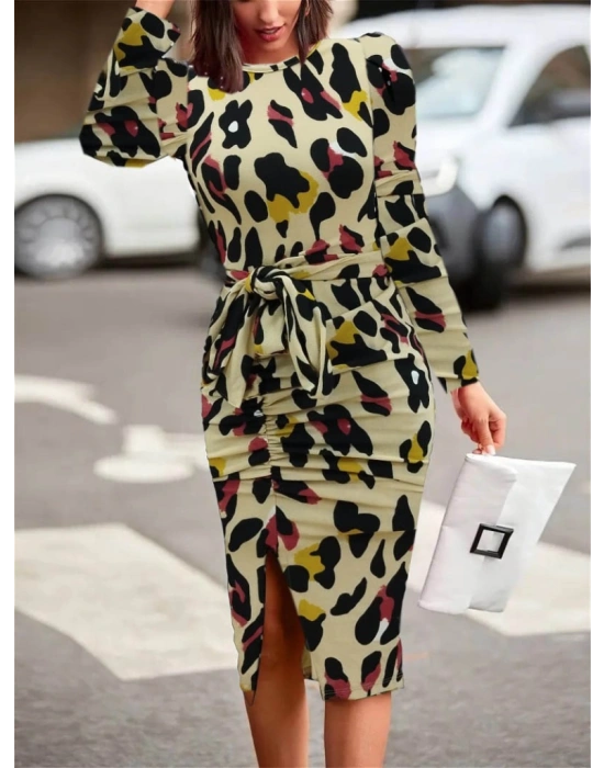 Kadın Uzun Kollu Yuvarlak Yaka Belden Kuşaklı önden Yırtmaçlı örme Krep Elbise