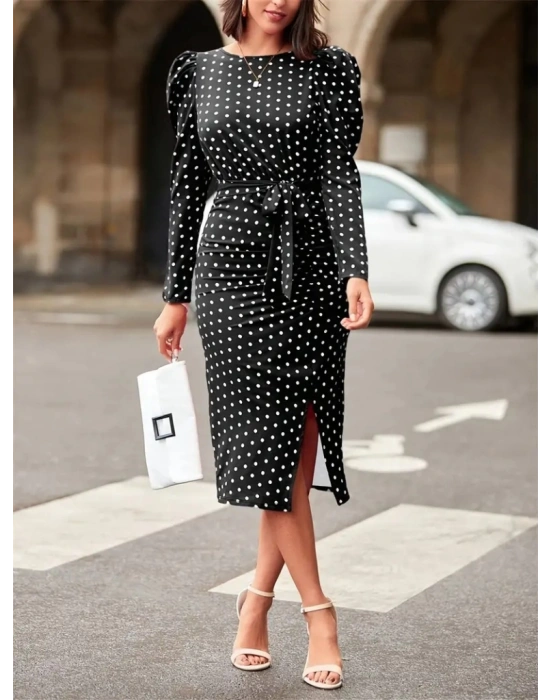 Kadın Uzun Kollu Yuvarlak Yaka Belden Kuşaklı önden Yırtmaçlı örme Krep Elbise