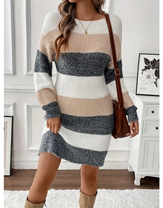 Kadın Uzun Kollu Yuvarlak Yaka çizgili çok Renkli Triko Elbise