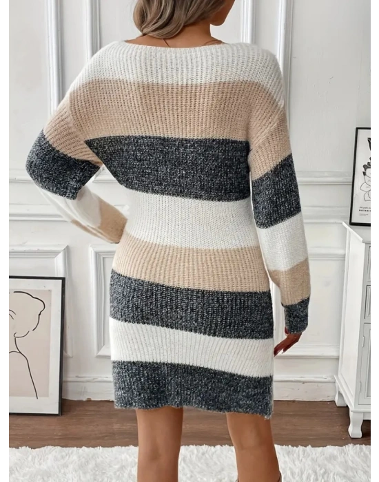 Kadın Uzun Kollu Yuvarlak Yaka çizgili çok Renkli Triko Elbise