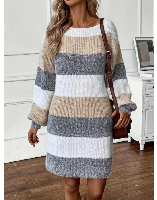 Kadın Uzun Kollu Yuvarlak Yaka çizgili çok Renkli Triko Elbise