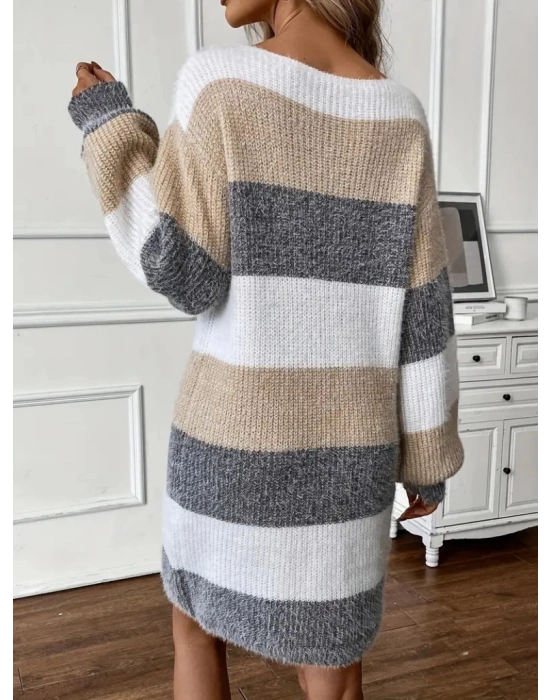 Kadın Uzun Kollu Yuvarlak Yaka çizgili çok Renkli Triko Elbise
