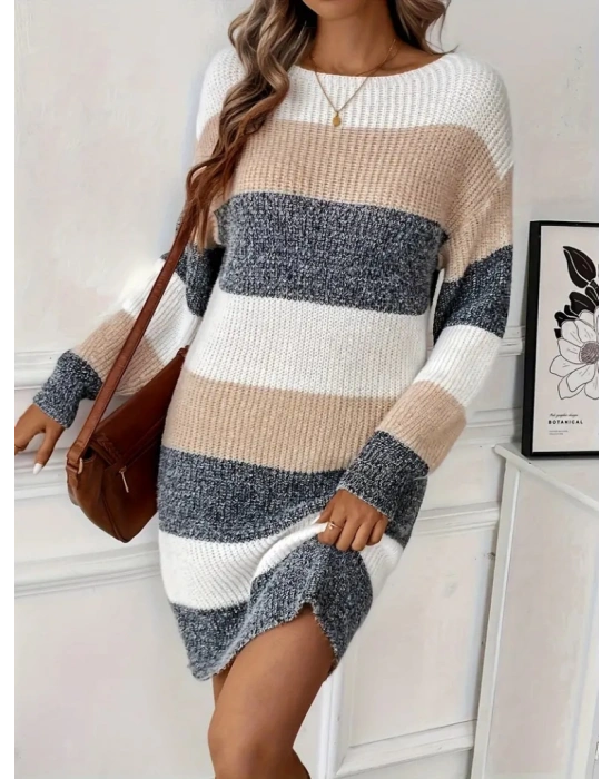 Kadın Uzun Kollu Yuvarlak Yaka çizgili çok Renkli Triko Elbise