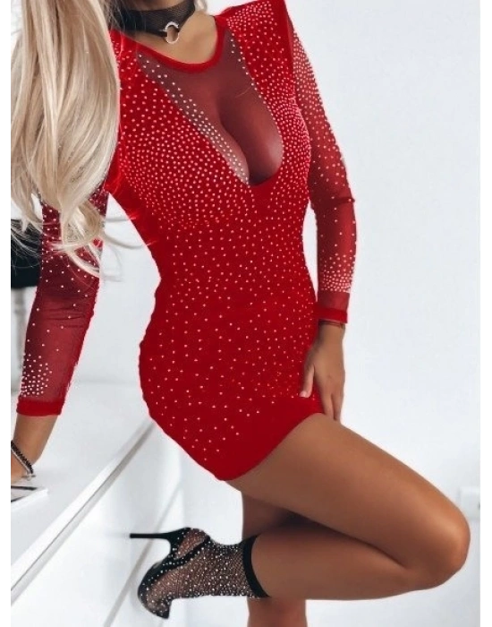 Kadın Uzun Kollu Yuvarlak Yaka Dekolteli Taşlı Dalgıç Elbise