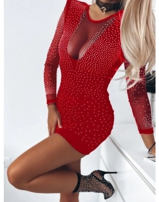 Kadın Uzun Kollu Yuvarlak Yaka Dekolteli Taşlı Dalgıç Elbise