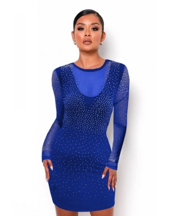 Kadın Uzun Kollu Yuvarlak Yaka Dekolteli Taşlı Dalgıç Elbise