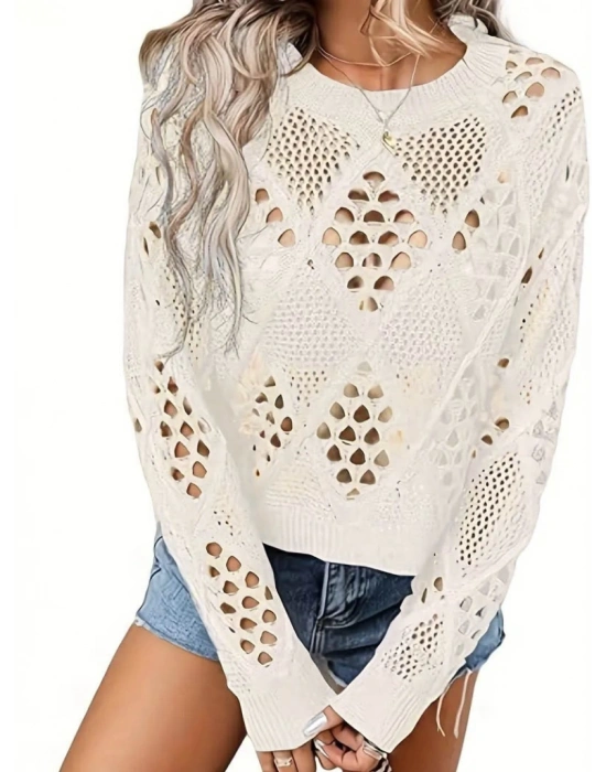 Kadın Uzun Kollu Yuvarlak Yaka Delik Desenli Triko Bluz