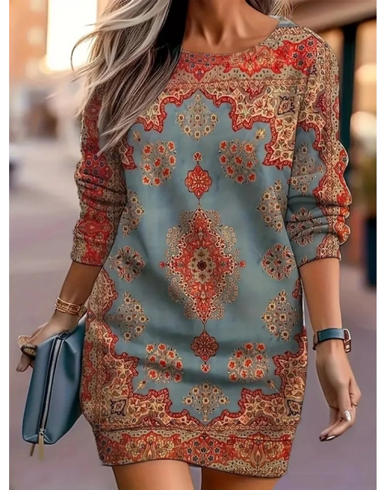 Kadın Uzun Kollu Yuvarlak Yaka Desenli Mini Modal Elbise