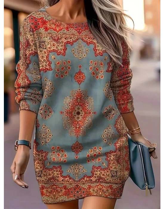 Kadın Uzun Kollu Yuvarlak Yaka Desenli Mini Modal Elbise