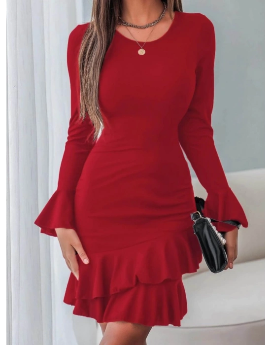 Kadın Uzun Kollu Yuvarlak Yaka Etek Ucu Fırfırlı Janjan Krep Elbise